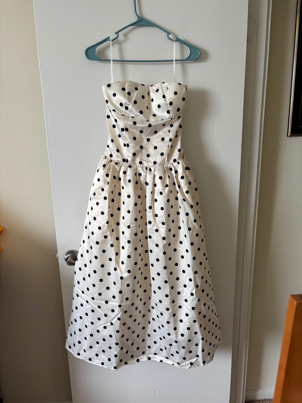 Dalia Macphee Strapless White Polka Dot Maxi Dress with Black Spots